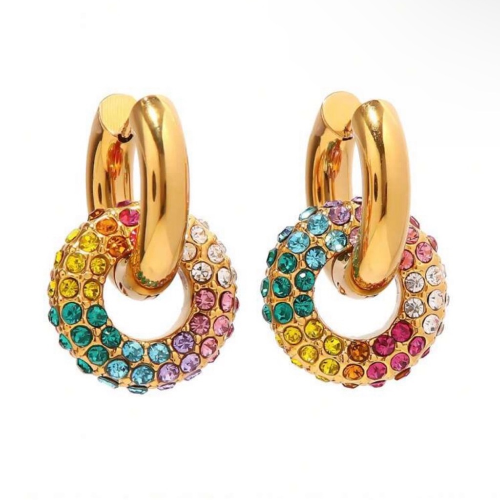 New Gold & Rainbow Cz Hoop Enamel Dangle Earring Set 24k Gold Plated